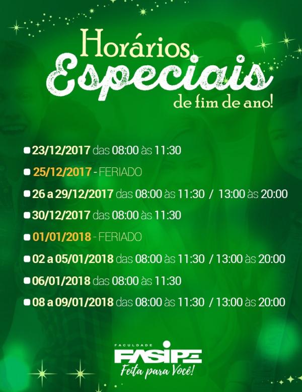 Horários de atendimento 23 de dezembro a 09 de janeiro