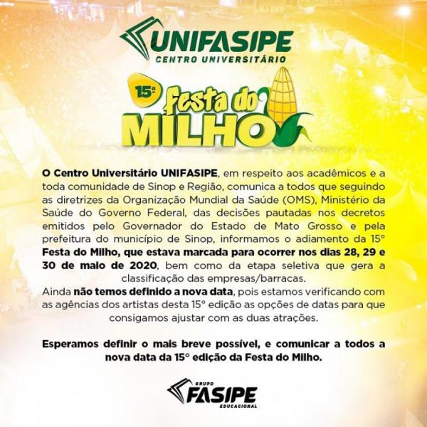 Comunicado - ADIAMENTO 15ª Festa do Milho 