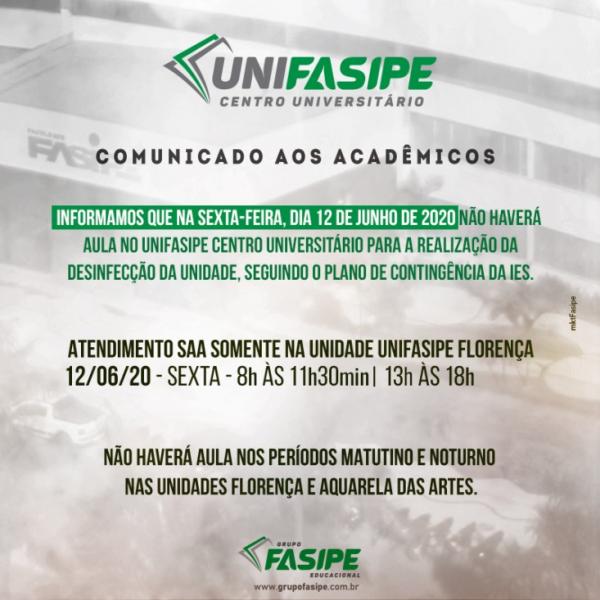 Seguindo o Plano de Contingência, Unifasipe suspende aulas do dia 12/06/2020 (pós-feriado de Corpus Christi)