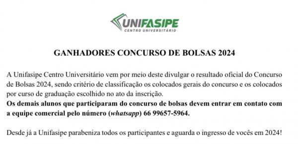 Resultado dos colocados Vestibular e Concurso de Bolsas Unifasipe 2024/1